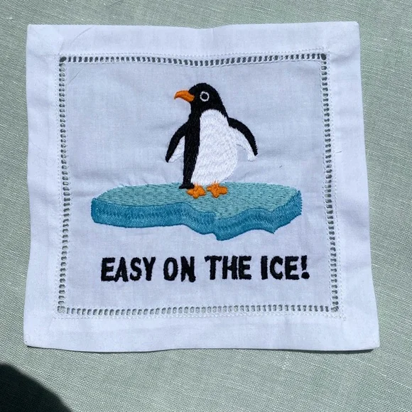 Set of 4 August Morgan Easy on the Ice penguin embroidered 6" cocktail napkins - Picture 6 of 7